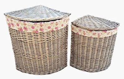 Red Hamper Antique Wash Corner Linen Basket Set With Garden Rose Lining, Wicker, 60 x 46 x 46 cm