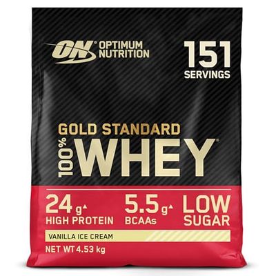 Optimum Nutrition Gold Standard 100% Whey Muscle Building and Recovery Protein Powder With Naturally Occurring Glutamine and BCAA Amino Acids, Vanilla Ice Cream Flavour, 151 Servings, 4.53 kg