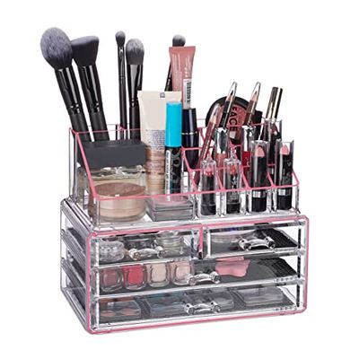 Relaxdays make-up organizer, 4 lades, 20 vakken, lippenstift houder, 2-delige cosmetica opbergdoos, transparant/felroze