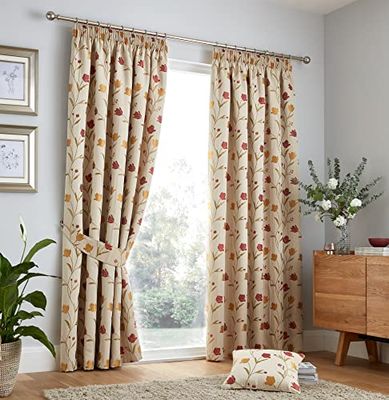 Curtina Natural & Red Floral Drapes W168 x L183cm – 2 Panels – Vintage Jacquard Pencil Pleat – Heavyweight Fabric – Bedroom/Living Room Window Coverings – Pleated Design