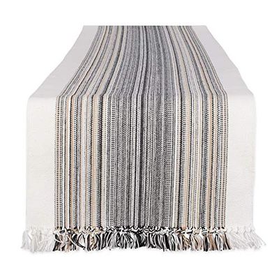 DII Fringed Stripe Tabletop, Table Runner, Cotton, Black, 14x108