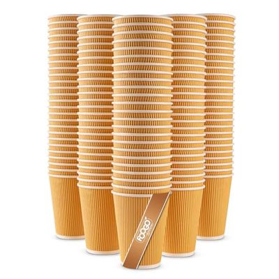 FOOGO Green 50pcs 12oz Disposable Strong Triple-Wall Brown Paper Coffee Cups, FSCĀ® Certified, Fully Compostable, for Hot Drinks, Heat-Resistant Ripple Design, Takeaway Coffee Cups, Party