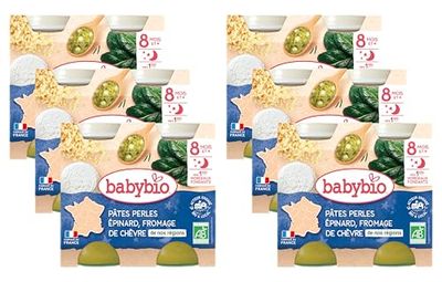 Babybio - Petits pots - Pâtes perles Epinard & Fromage de chèvre avec morceaux - BIO - 8+ mois - 2x200g - Lot de 6