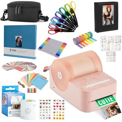 HP Sprocket Panorama Instant Portable Color Label & Photo Printer (Pink) Craft Bundle with case, Zink roll, photo album, markers, scissors, tape, stickers and frames