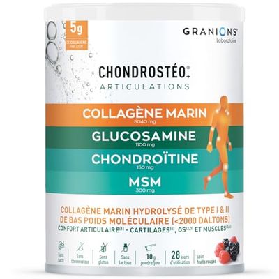 GRANIONS - Collagene Marin Poudre - CHONDROSTEO + Articulations - Glucosamine + Chondroitine - Collagene Hydrolysé d'origine marine - 10g PAR JOUR - Goût Fruits Rouges - 280 g