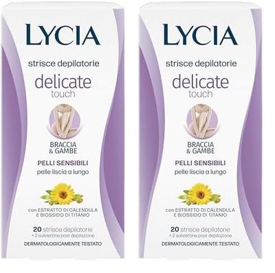 Lycia - Strisce Depilatorie Gambe e Braccia, Delicate Touch, Con Biossido di titanio ed estratto di calendula, Senza Profumo, Coloranti e Conservanti, 20 Strisce (Confezione da 2)