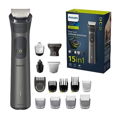 Rifinitore All-in-One Philips serie 7000, Multigroom 15 in 1 per viso, testa e corpo, 26 impostazioni di lunghezza (0,5-20 mm). Un unico strumento, massima precisione (modello MG7950/15)