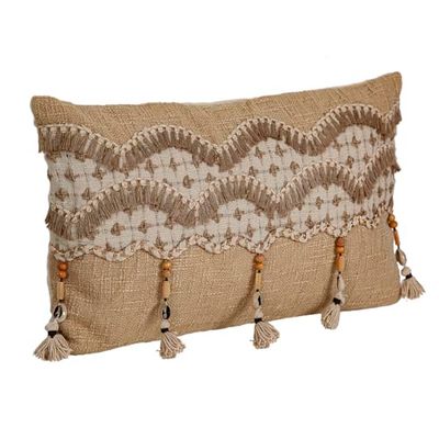 Romimex Kussen, Beige, kwastjes, 30 x 8 x 50 cm, geborduurd