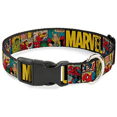 Buckle Down Gola de plástico com clipe para painéis de banda desenhada Marvel/Retro, preto e amarelo, 2,5 cm de largura, para pescoço de 38 a 66 cm, tamanho grande