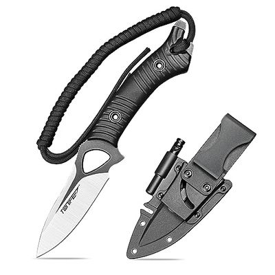 TONIFE Explorer Coltello a lama fissa con fodero in plastica 8Cr14MoV Coltello da sopravvivenza, manico in nylon rinforzato con fibra di vetro per l'esterno (Nero+Nero Titanio e Satinato)