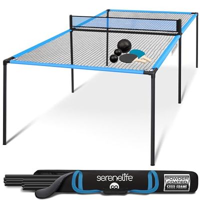 SereneLife Trampoline Ping Pong Table - Heavy Duty Powder Coated Steel Frame and Connectors - Full Size 94" - Hand Pong Game Table with Paddles, Small, Large Balls - Indoor/Outdoor, Beach, Game Room