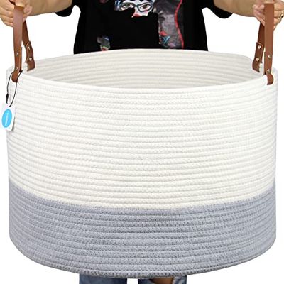 Casaphoria Panier à linge en corde de coton pour salon – Panier de rangement tissé avec longue poignée pour couvertures, serviettes et oreillers, panier à linge | Beige et gris (50,8 x 50,8 x 33 cm)