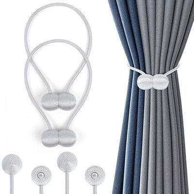 Romon D'embrasses de Rideaux, 2 Embrasse Rideau Magnétiques Attaches Rideau, Attaches de Rideau Support Attaches, Rideaux Embrasses à Rideaux Attaches de Rideaux pour Décoration de Maison Bureau, Gris