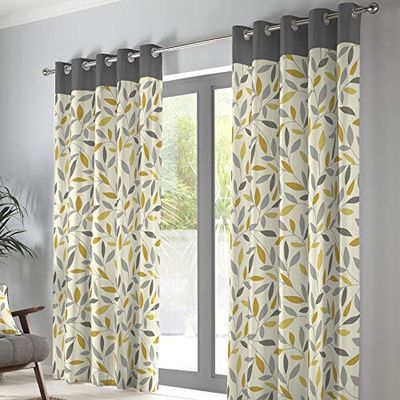 Fusion - Grey & Ochre Leaf Curtains W46 x L54 (117 x 137cm) - 100% Cotton - 2x Panels - Eyelet Curtains in Yellow/Grey - Grey & Yellow Floral Curtains for Bedroom & Living Room - Beechwood Collection