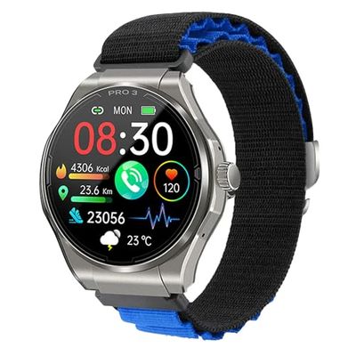 Knauermann PRO 3 (2024) zilver - gezondheidshorloge smartwatch met telefoonfunctie - ECG + HRV en SOS-functie - AMOLED-display, BT Bluetooth - slaapapneu - textielband zwart/blauw, 14-24, rond, zwart,