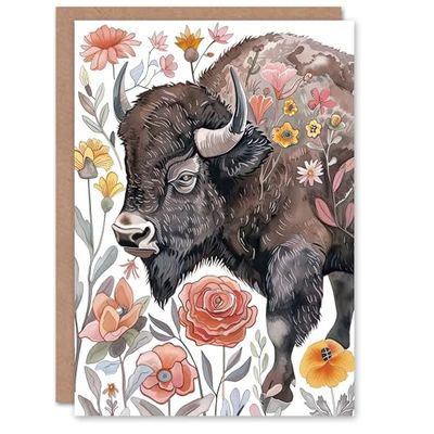 Artery8 Greeting Card Stylised Majestic Bison in Spring Wildflowers For Her Woman Birthday Card