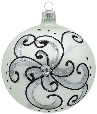 VITBIS - Glass Christmas Bauble 10 cm, Mouth-Blown, Hand-Decorated and Handmade Christmas Tree Decoration - White Colour with Rich Silver Decoration