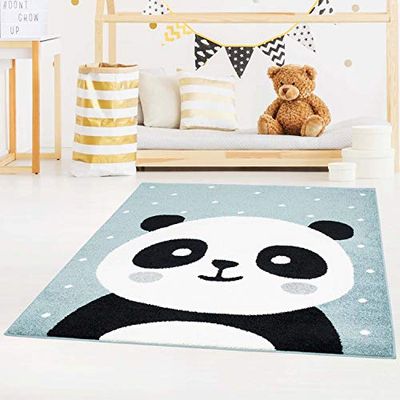 carpet city Tappeto per bambini Bubble Kids a pelo piatto con orso panda bianco a pois blu petrolio per cameretta bambini, dimensioni: 160 x 225 cm