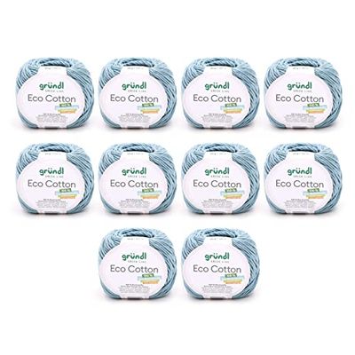 Gründl Eco Cotton Wool (Yarn Made from 100% Organic Cotton, Oeko-Tex® Certified, Easy Care & Washable, 50 g/105 m, Needle Size: 3.50-4.50 mm, 10 x 50 g), Blue