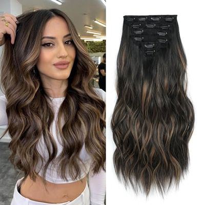 Fliace Clip in Hair Extensions, 6 PCS Natural & Soft Hair & Blends Well Lonng Wavy Hairpieces(20inch, 6pcs, Black&Dark mix light brown)