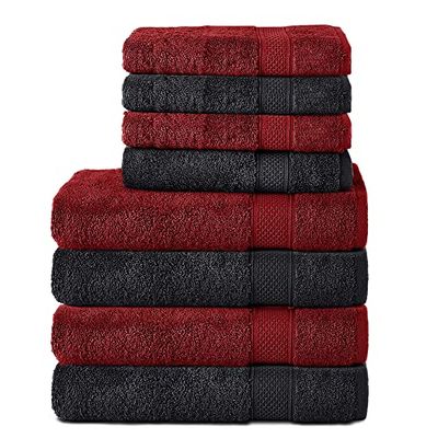 Komfortec Set of 8 Hand Towels 100% Cotton, 4 Bath Towels 70 x 140 cm and 4 Hand Towels 50 x 100 cm, Terry Towelling, Soft, Towel, Large, Black/Aurora Red