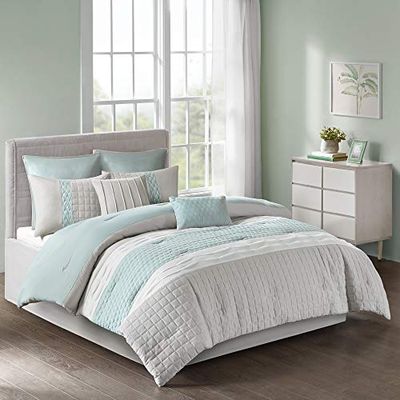 510 DESIGN Biancheria da letto alternativa casual con federe coordinate, cuscini decorativi, tessuto, Tinsley, color mare/grigio, regina