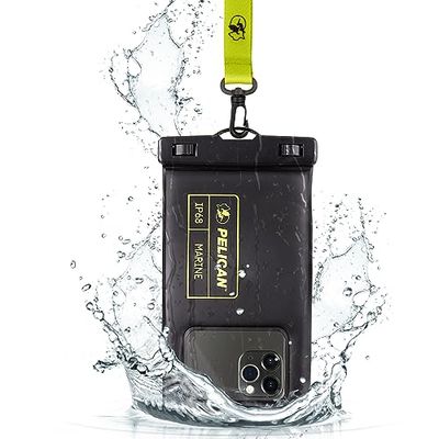 Pelican Marine - Funda Impermeable IP68 (tamaño Regular) - Funda Flotante Impermeable para iPhone 14 Pro Max/13 Pro Max/12 Pro Max/11/S22 Ultra - Cordón Desmontable - Negro/Amarillo