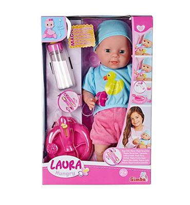 Simba 105010964 - Laura Hungry lalka z miękkim ciałem ze smoczkiem, magiczna łyżka, butelka do picia z znikającą zawartością i talerzami, 38 cm, lalka dla niemowląt od 2 lat