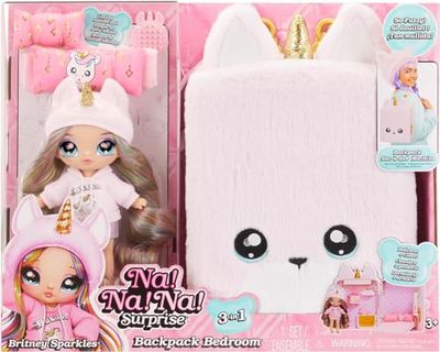 Na Na Na Surprise 3-in-1 Backpack Bedroom Unicorn Playset with Fashion Doll - Britney Sparkles - Fashion Doll and Fuzzy Pink Unicorn Backpack, Closet with Pillows & Blanket - Great for Kids Ages 4+