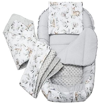 Medi Partners Reducteur de Lit Bebe - Réducteur Bébé 100x60x15cm 5 éléments Cocon et Naissance Nid d'ange bilatéral Cale 100% Coton Minky (Cerf en Feuilles avec Minky Gris)