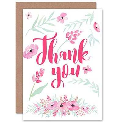 Wee Blue Coo THANK YOU CARD - FLORAL FLOWERS PRETTY TYPOGRAPHY PINK