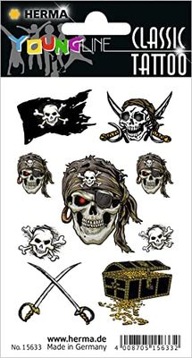 HERMA 15633 Tijdelijke tatoeagestickers voor kinderen, piraat (9 stickers, transferfolie) zelfklevend, afwasbare kindertatoeages om op te plakken, voor meisjes en jongens, kleurrijk