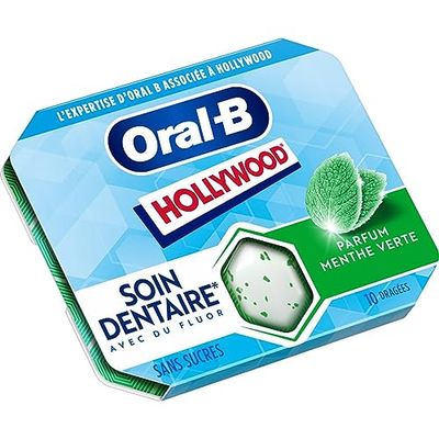 Hollywood Oral B - Chewing-Gum Sans Sucre Au Fluor - Parfum Menthe Verte - Soin Dentaire - Pour des Dents Saines - Haleine Fraîche - Lot de 12 Étuis de 10 Dragées