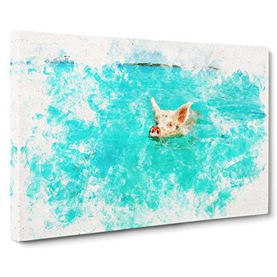Swimming Pig Watercolour Modern Canvas Wall Art Print Ready to Hang, Framed Picture for Living Room Bedroom Home Office Décor, 20x14 Inch (50x35 cm)