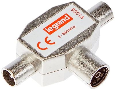 Legrand, Antenne-verdeler, T-koppeling, tweedeelapparaat-verdeler, standaardverdeler voor tv, tv-splitter 2-voudig, 2 tv-uitgangen (mannelijk) en 1 tv-ingang (vrouwelijk), 9,52 mm, 091005