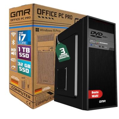 Ultra Intel i7 PC, snelle computer + computer voor kantoor en thuiskantoor met 32 GB DDR4 RAM/werkgeheugen, 2TB SSD, DVD+RW, USB3.0, WiFi 600 en Bluetooth 5, Win 11 Pro