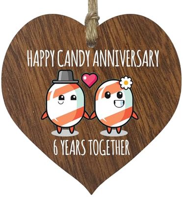 6th Wedding Anniversary Plaque Gift for Husband Wife - 6 Years Together - Happy Iron Anniversary Wooden Heart for Women Men Partner, Dark Wood Sign Keepsake Gifts