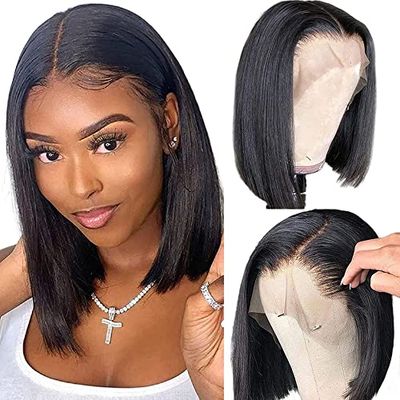 Qangelabeauty Parrucche corte a caschetto da 35,6 cm x 4 cm, parrucca frontale trasparente in pizzo frontale per capelli umani pre-pizzicate parrucche per capelli vergini brasiliani per donne nere