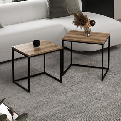 Hanah Home Eleganckie stoliki do zagnieżdżania orzechów włoskich (2 sztuki), 50 x 46 x 38 cm | 100% powlekana melaminą deska z partycą, grubość 18 mm, idealna do nowoczesnych salonów i biur