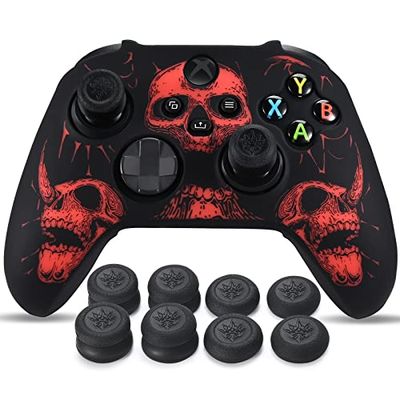 YoRHa Laser Carving Silicone Skin for Xbox Series X/S Controller x 1(Red) with Pro Thumb Grips x 8