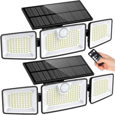 Lumisky GLEAMAX - Set di 2 faretti solari a 3 teste, colore: bianco potente, orientabili con sensore di movimento e telecomando, ideali per giardino, terrazza ed esterno