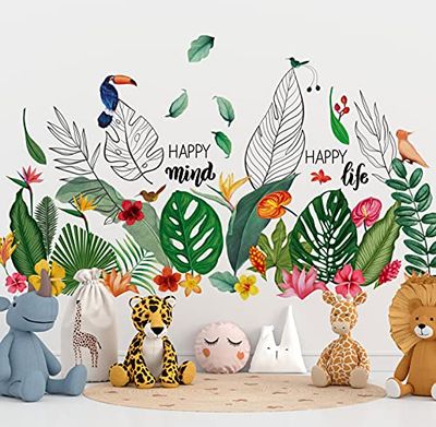 WALPLUS 52 Pieces Tropical Leaves and Flowers Wall Stickers Mural Art Vinyl Nursery Decorations for Living Room Kids Bedroom Decors Home Removable DIY Wall Decals Hotels Cafe Office Decors