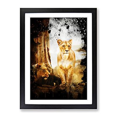 Lion Lioness No.2 Modern Cb Framed Wall Art Print, Ready to Hang Picture for Living Room Bedroom Home Office Décor, Black A2 (64 x 46 cm)