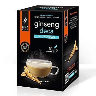 King Cup - 1 Paquet de 10 Sachets Solubles de Ginseng Deca Sans Sucre, 10 Stick de 6 Gr pour Boisson Aromatisée Ginseng à Ajouter à 60 ml d'Eau Chaude, Sans Gluten et Sans Lactose