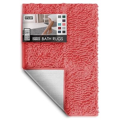 Hearth & Harbor Bathroom Rugs, Chenille Bath Mat - Machine Washable Bath Mats for Bathroom Non-Slip Backing Rubber, Quick Dry Bathroom Mat, Small Rose