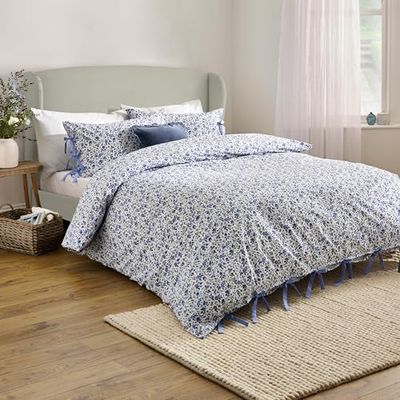 Wylder Nature Parure de lit Hannah de 100% Coton délavé, Motif Floral avec Fermetures à nœud (Bleu - Simple)
