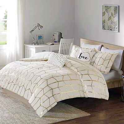 Intelligent Design Modern Trendy All Season Bedding Set, Matching Sham, Decorative Pillow, Polyester, Ivory/Gold, King