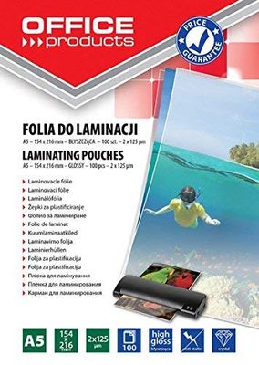 OFFICE PRODUCTS Fogli Plastificatrice A5 / 2 x 125 Micron/Confezione da 100 pezzi/Pouches per plastificazione per documenti/Finitura Lucida/Foglio di Laminazione