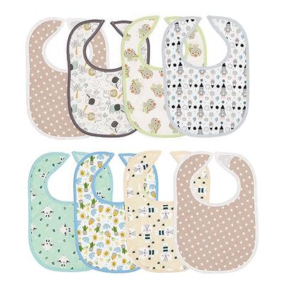 Ti TIN | Lot de 8 Bavoirs Imprimé Imperméable, 19x27 cm | 73% Coton - 27% Polyester - Bavoirs pour Bébés 0 à 8 mois - Fermeture avec Scratch - avec Doublure - Multicolore - 100 gr/m²