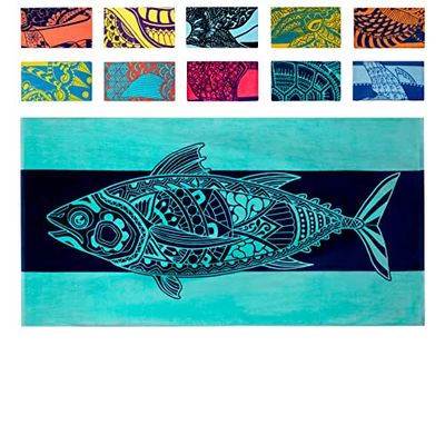 Nova Blue Telo mare con pesce di tonno (86 x 160 cm) - Telo mare in cotone a righe blu in 100% cotone - Telo piscina ad asciugatura rapida con design tropicale - Telo mare grande oversize
